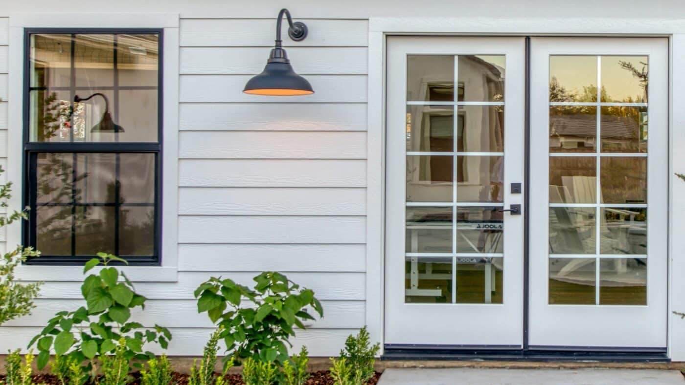 White shed front doors and windows