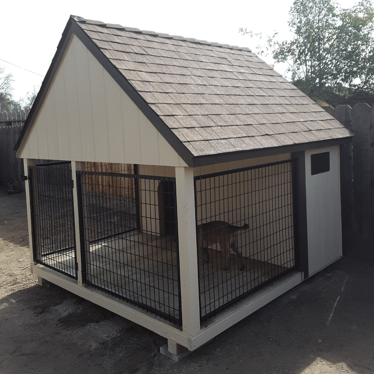 beige dog mansion with dog inside in dunlap ca