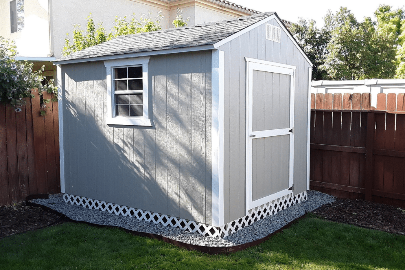 gray value line shed with white trim in dunlap ca